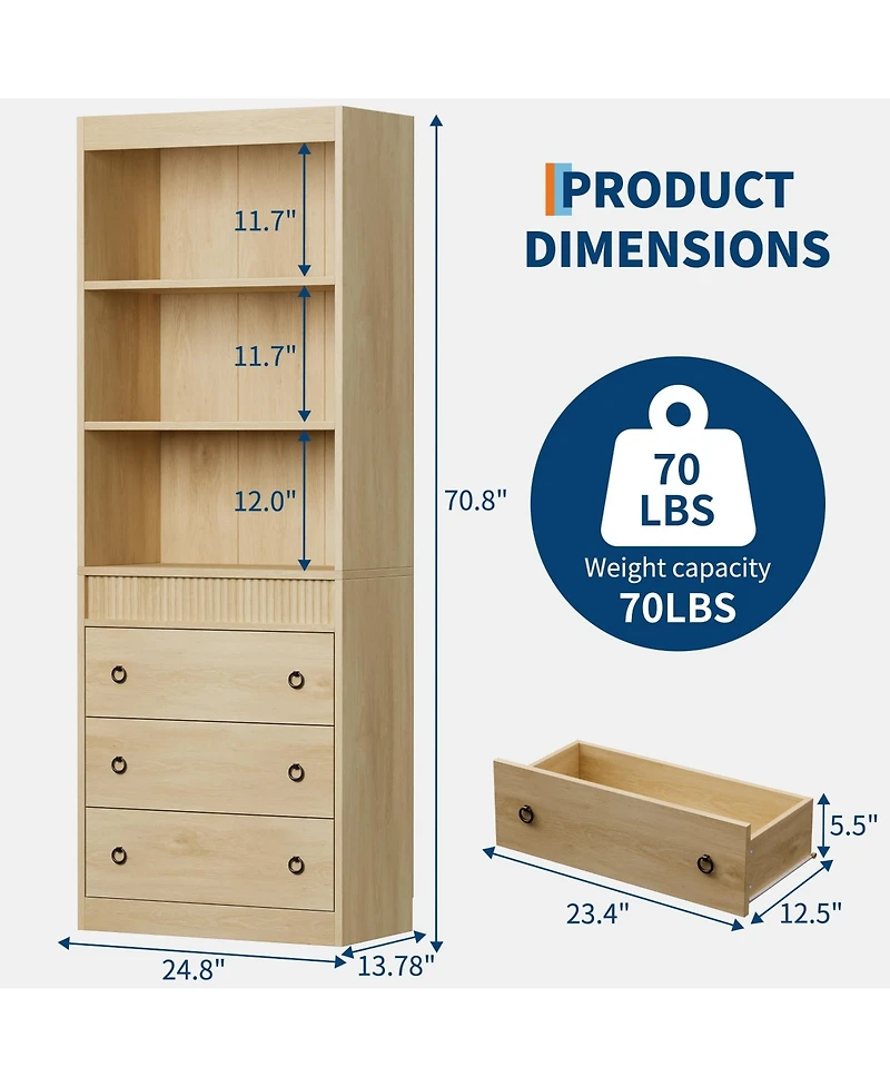 Homfan 70.8" fluted 6-tier bookcase with drawers, open shelves, and woven design-ideal storage cabinet for living room organization.
