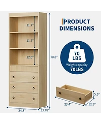 Homfan 70.8" fluted 6-tier bookcase with drawers, open shelves, and woven design-ideal storage cabinet for living room organization.