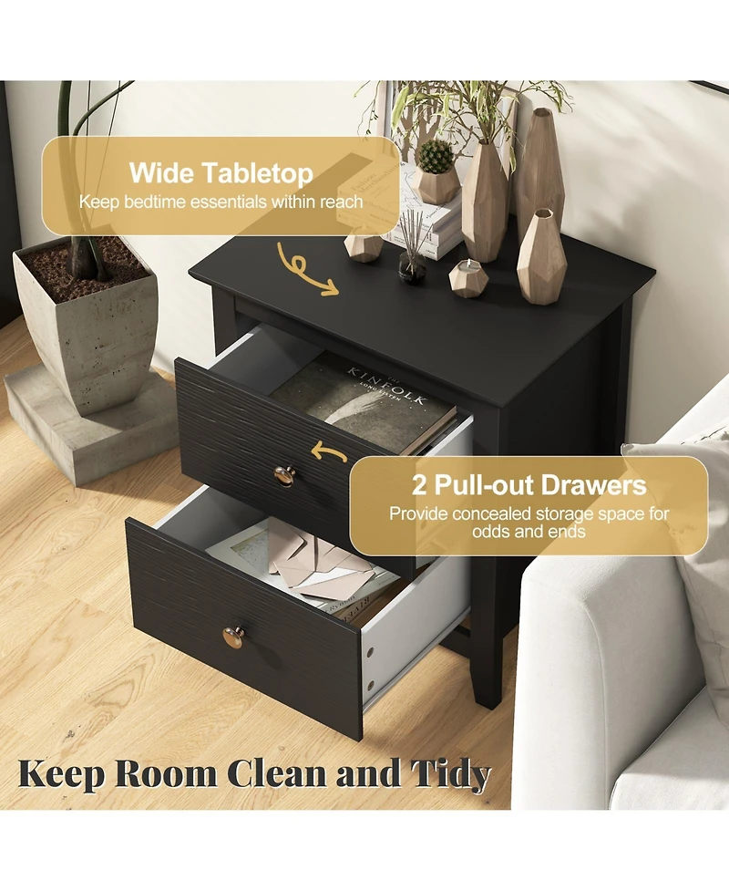 Gymax Modern Nightstand w/ Storage 2 Drawers and Support Legs for Bedroom