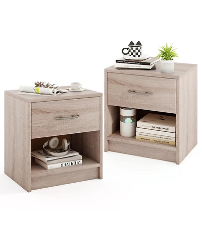 Gymax 2-Piece Nightstand Side Table Set with Slide-Out Drawer and Open Storage Shelf