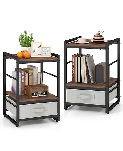 Gymax 2 Pcs Nightstand Industrial Bedside Table w/ Open Storage Shelf and Fabric Drawer