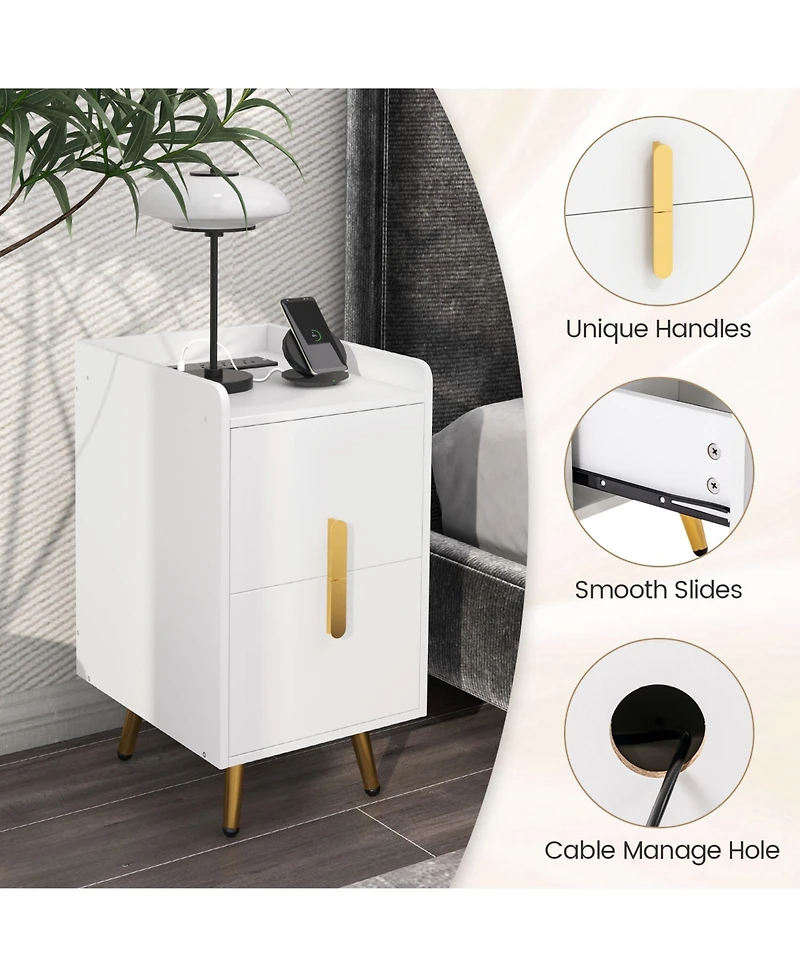 Gymax Set of 2 Nightstand w/ Charging Station Home Bedside Sofa Side Tables w/ 2 Drawers Cafe