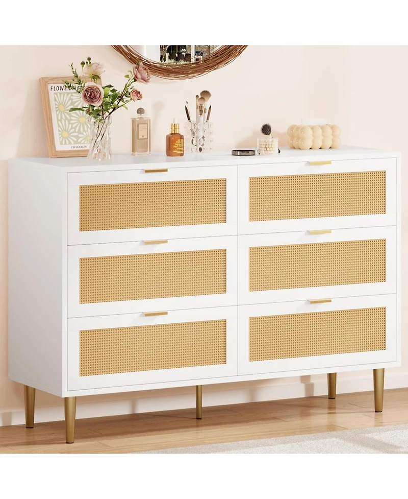 gaomon Rattan 6 Drawer Dresser with Gold Legs & Handles, Wide Wood Storage Cabinet