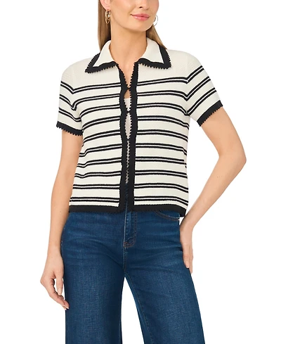 Vince Camuto Women's Striped Collared Short-Sleeve Cardigan