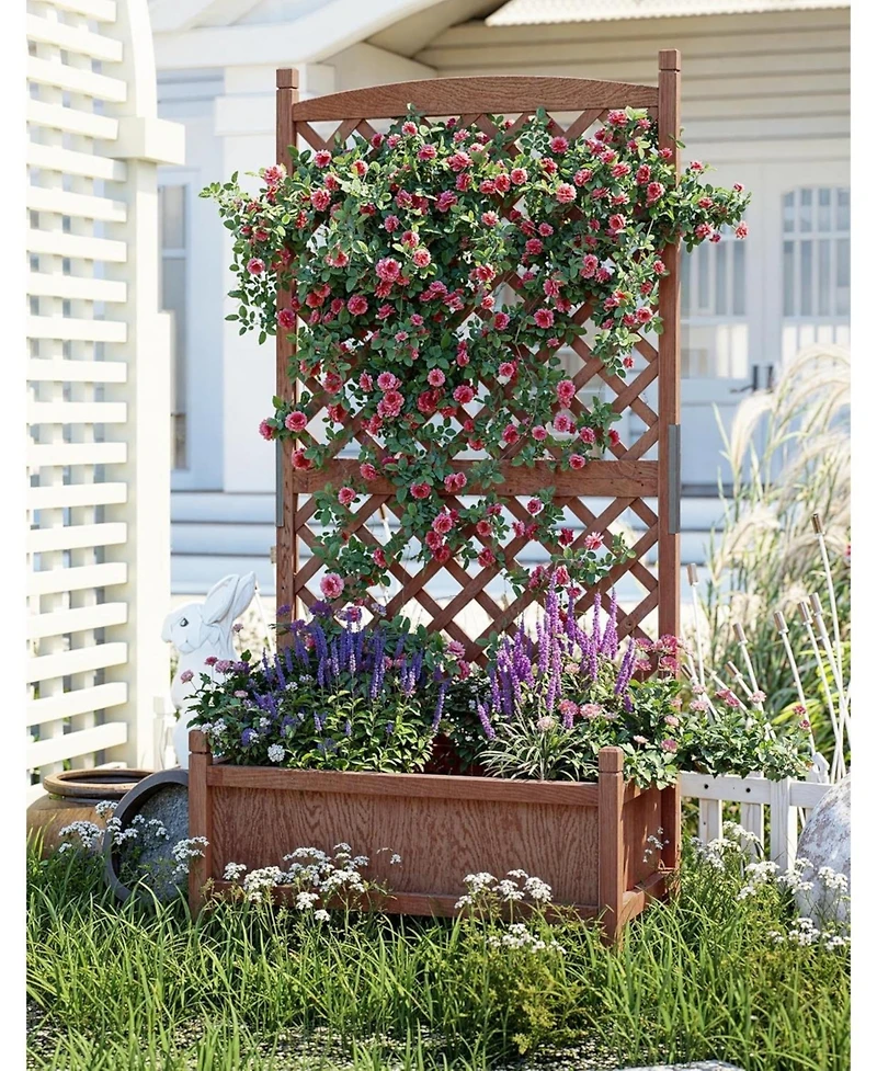 Xo 29.5" Wooden Raised Garden Bed with Trellis and Wheels, Planter Box for Climbing Plants Flowers, Outdoor Patio Balcony