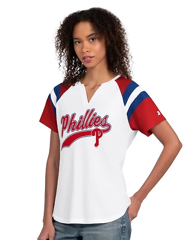 Starter Women's White Philadelphia Phillies Game On Notch Neck Raglan T-Shirt