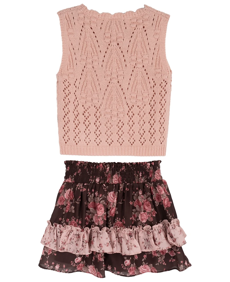 Rare Editions Girls' 7-16 Floral Crochet Sweater Vest and Tiered Skort, 2-Piece Set