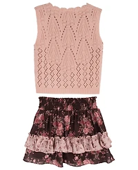 Rare Editions Girls' 7-16 Floral Crochet Sweater Vest and Tiered Skort, 2-Piece Set