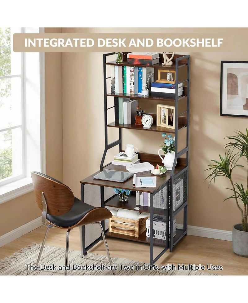 gaomon 70 Inch Industrial 2-in-1 Bookshelf Desk with Storage Shelves, Floor Standing Study Desk and Bookcase Combo for Home Office, Living Room