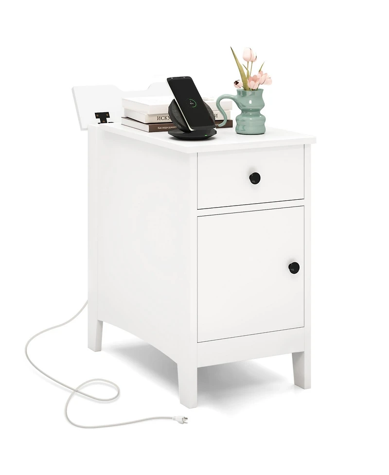 Gouun Flip-Top End Table with Charging Station, Drawer and Storage Cabinet