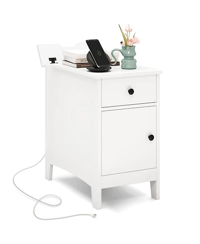 Gouun Flip-Top End Table with Charging Station, Drawer and Storage Cabinet