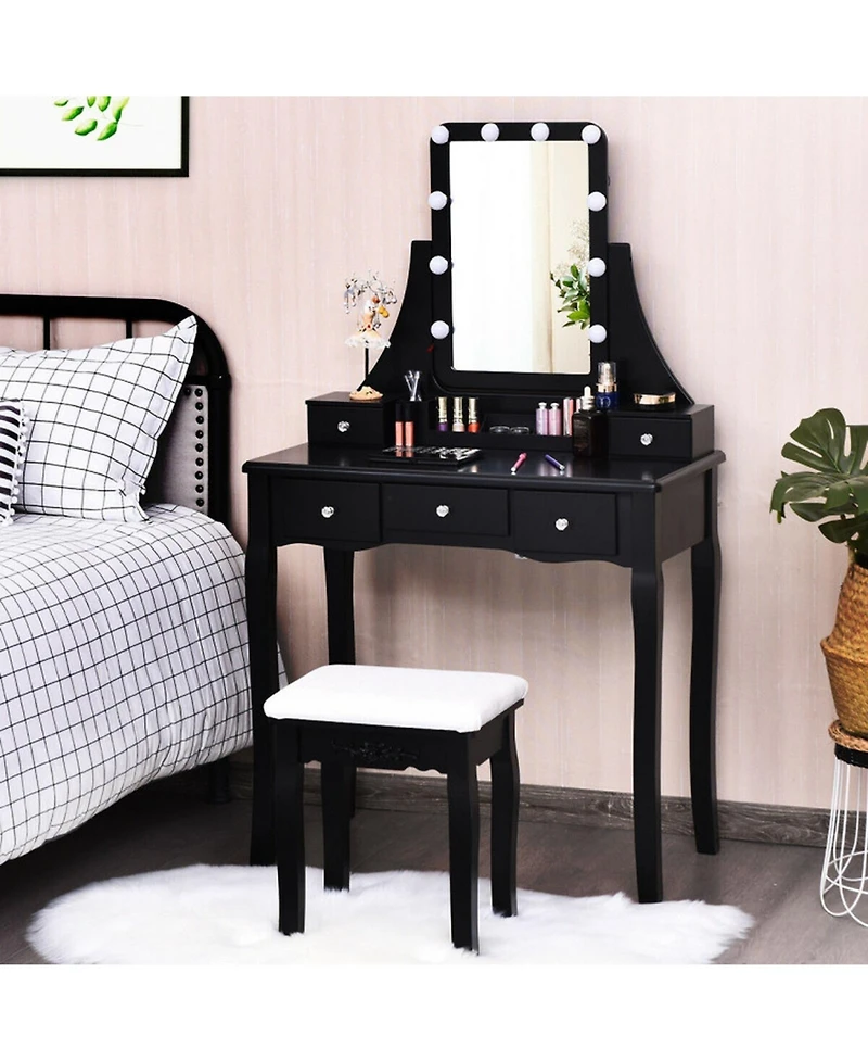 Gouun Wood Vanity Table Set with Tri-Fold Mirror and Drawer