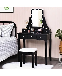 Gouun Wood Vanity Table Set with Tri-Fold Mirror and Drawer