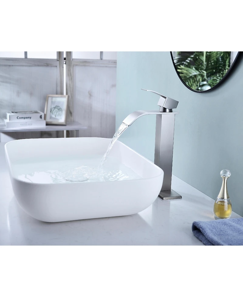 Phying Waterfall Spout Bathroom Sink Single Handle Faucet with Pop-Up Drain