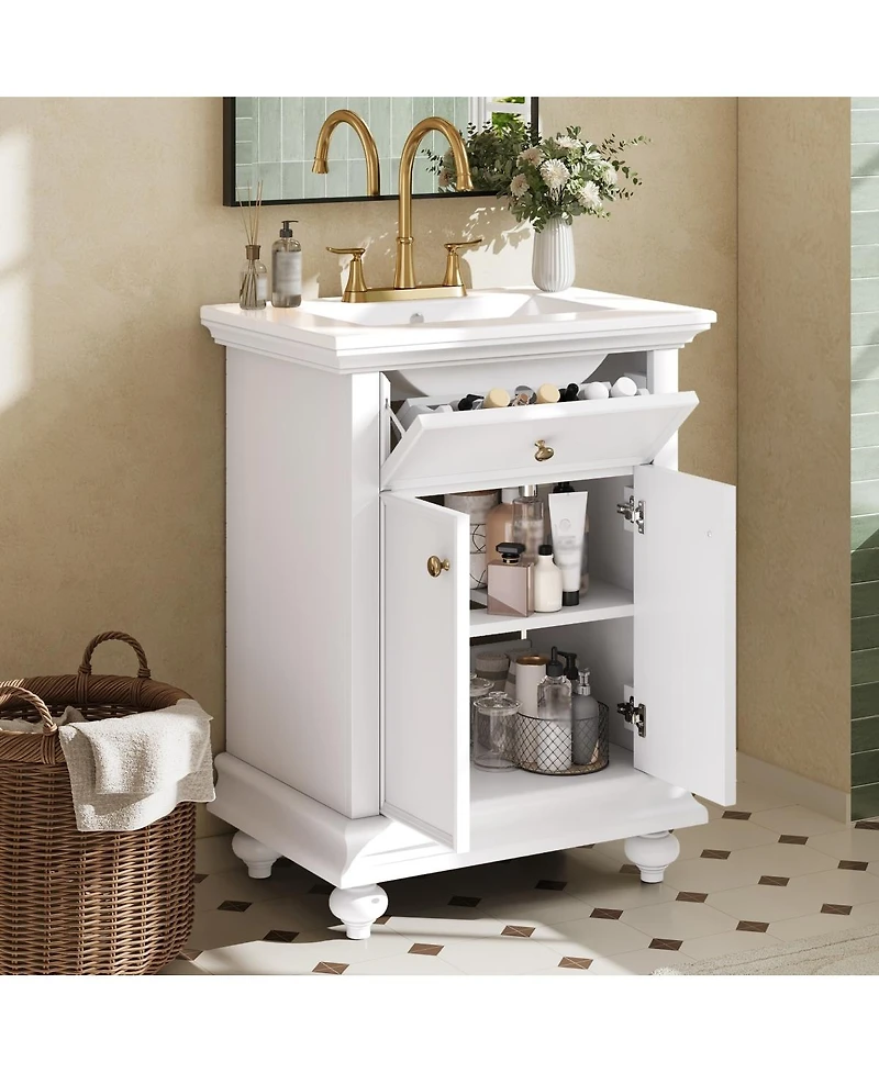 Sillysis Bathroom Vanity with Sink, Freestanding Modern Cabinet, Tip-Out Drawer, Adjustable Shelf for Small Spaces