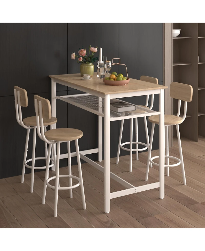 Flynama 5-Piece Kitchen Counter-Height Bar Table Set with 4 Stools, Storage Net for Small Spaces