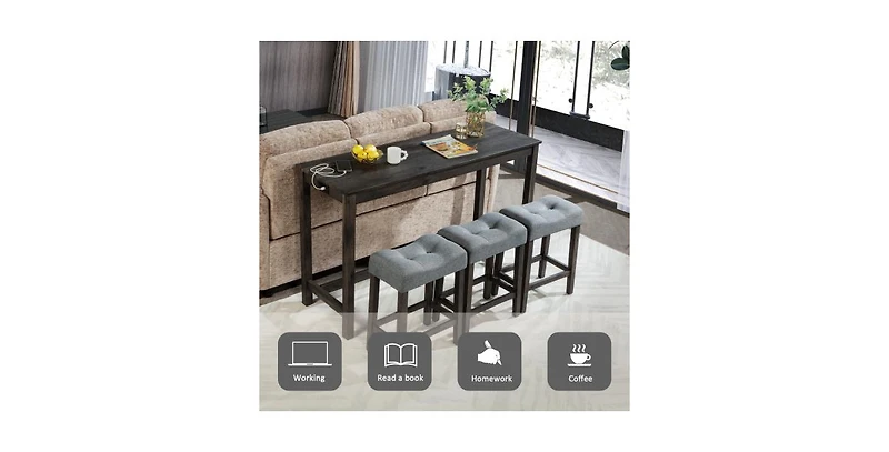 flynama 4-Piece Bar Table Set with Power Outlet, 3 Stools for Living Room and Dining Room