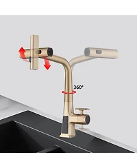 Phying Brushed Gold Waterfall Kitchen Faucet with Temperature Display Single Handle Pull Down Sprayer Faucet Three Water Outlet Modes