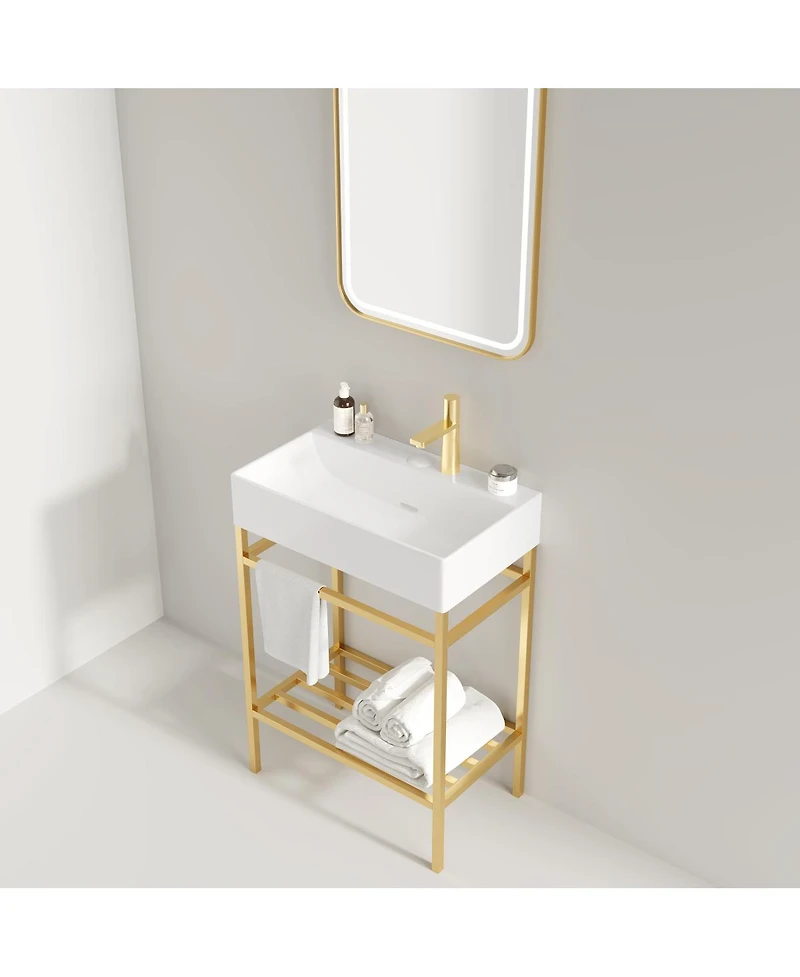 Sillysis Bathroom Vanity with Ceramic Integrated Sink, Metal Storage Shelf, Modern Freestanding Cabinet for Small Spaces