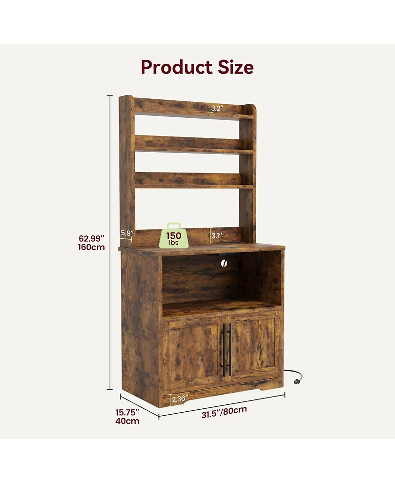 homfan Tall 3-in-1 Bakers Rack Microwave Stand, Engineered Wood Coffee Bar with Charging Station and Multi-Storage, Easy Assembly