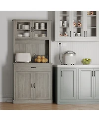 homfan Kitchen Pantry Cabinet with Microwave Stand - Buffet Storage, Glass Doors and Shelves, Appliance Organizer for Dining Room Coffee Bar