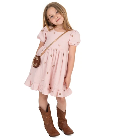 Rare Editions Girls' 2T-6x Embroidered Gauze Puff Sleeve Dress With Bag