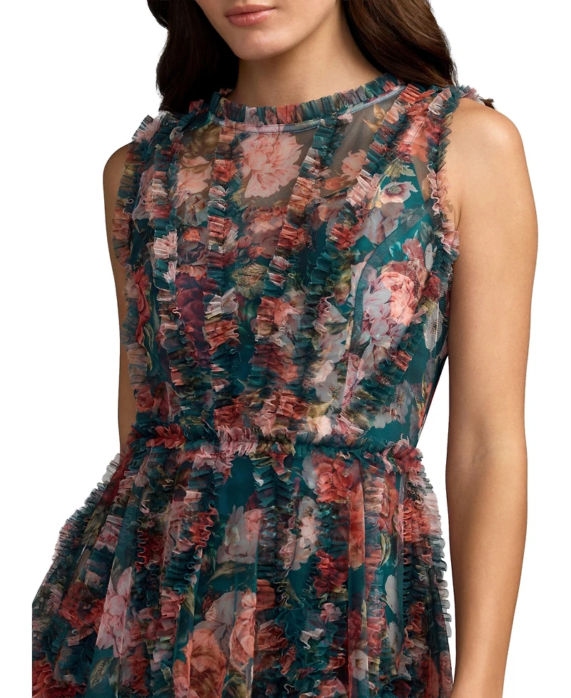 Mac Duggal Women's Floral Mesh High Neck Micro Ruffle Mini Dress