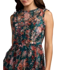 Mac Duggal Women's Floral Mesh High Neck Micro Ruffle Mini Dress