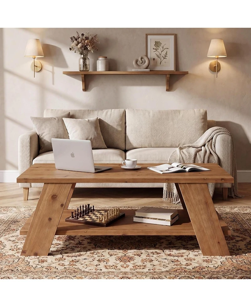 Tribesigns 47-Inch Solid Wood Coffee Table for Living Room, 2-Tier Rectangle Center Table with Storage Shelf