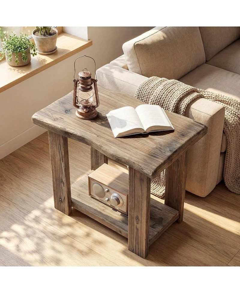 Tribesigns 2-Tier Solid Wood End Table for Living Room, Narrow Side Table, Rectangle Farmhouse Nightstands for Living Room, Bedroom, Easy Assembly
