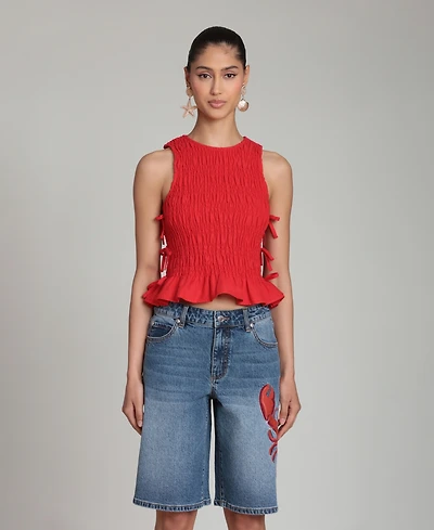Avec Les Filles Women's Ruched Side-Tie Crewneck Top