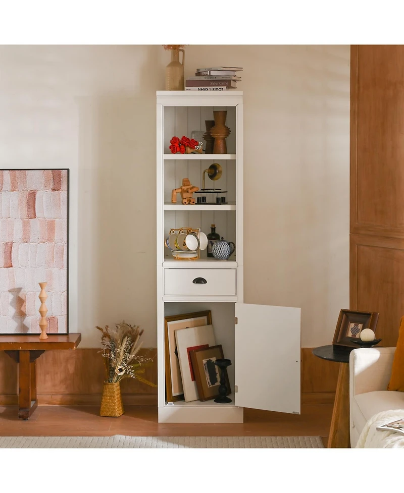 Rainsken 195 Narrow Bookshelf 5 Tier Modern Storage with Storage and Cabinet Wooden Organizer Pantry for Hallways Living Room Studio Workspace