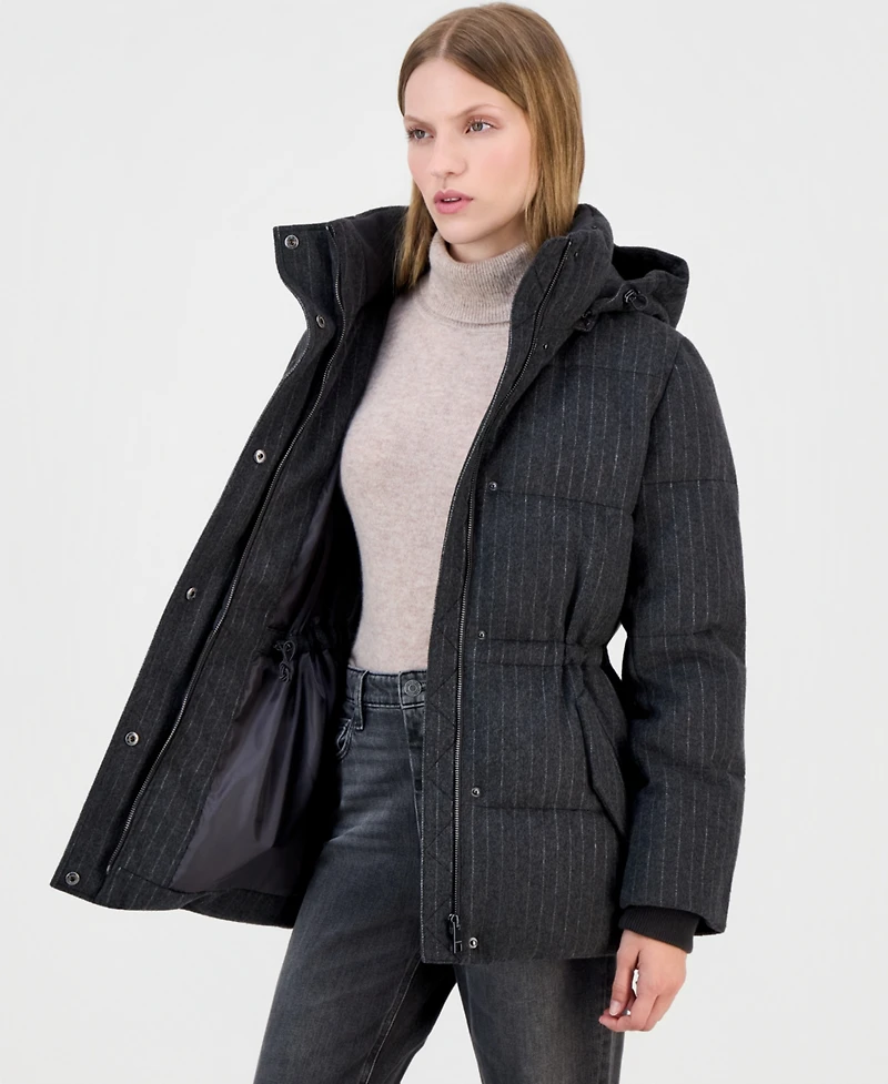 Calvin Klein Women's Pinstripe Quilted Hooded Puffer Coat