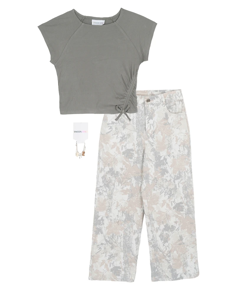 Tween Diva Girls' 7-16 Rib Knit T-Shirt and Printed Twill Pant, 2-Piece Set