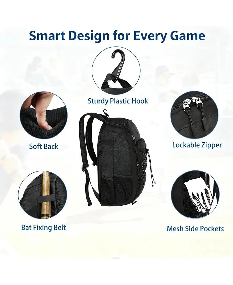 Furlihong 29L Baseball Backpack for Youth and Adult - Softball Bag with Shoe Compartment Fence Hook, Holds Bat, Mitten, Helmet, Caps Gear