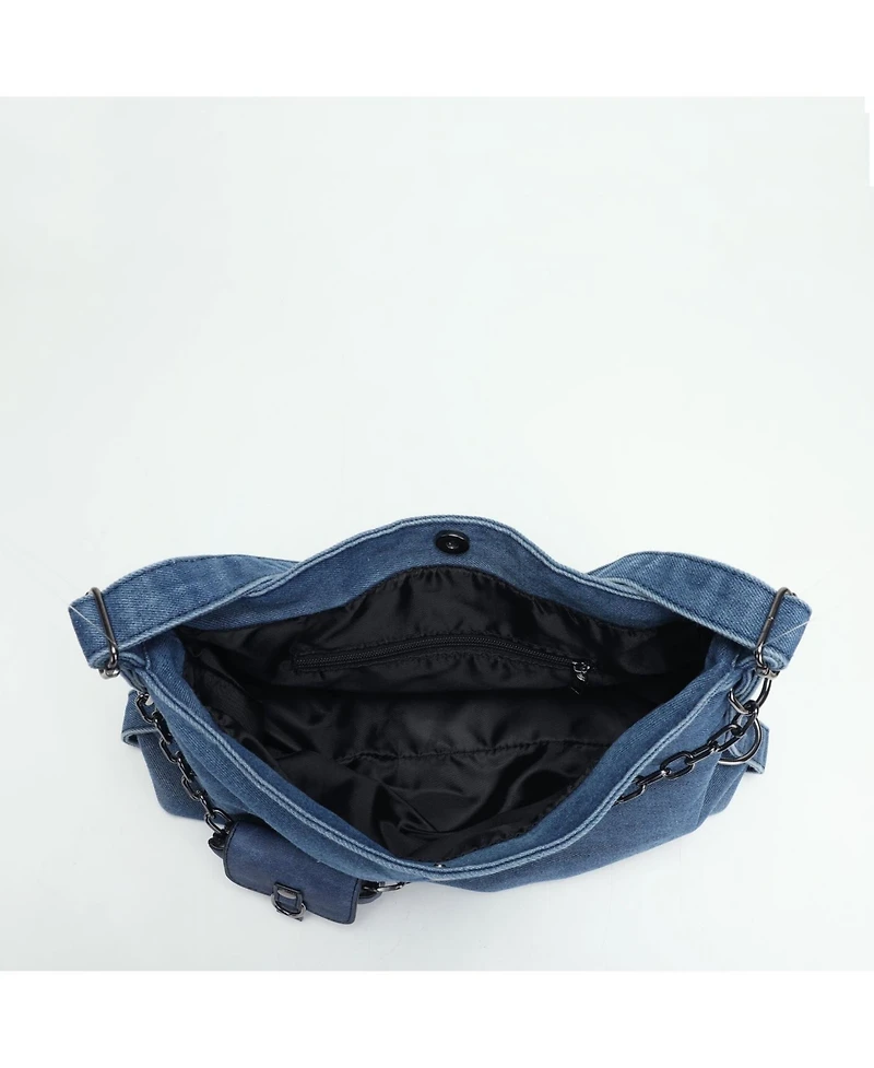 Susu Women's Drift Hobo Bag Slouchy Shoulder Crossbody Purse Casual Washed Denim Handbag with Chain Accent