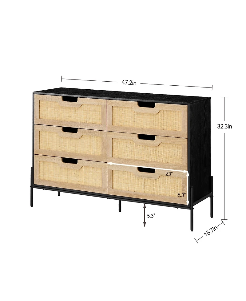 homfan Farmhouse Rattan 6-Drawer Dresser, Sturdy Engineered Wood Storage Cabinet with Metal Legs, Easy Assemble Multi-use Home Organizer