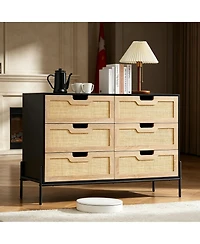 homfan Farmhouse Rattan 6-Drawer Dresser, Sturdy Engineered Wood Storage Cabinet with Metal Legs, Easy Assemble Multi-use Home Organizer