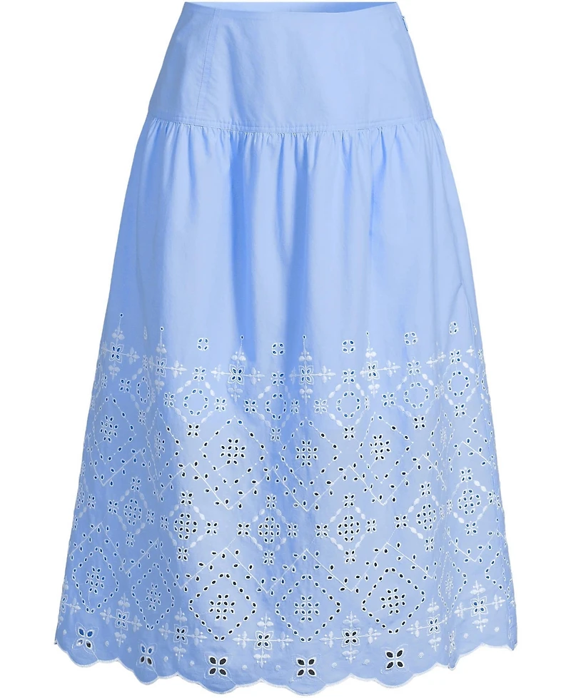 Lands' End Petite Poplin Drop Waist Embroidered Eyelet Midi Skirt