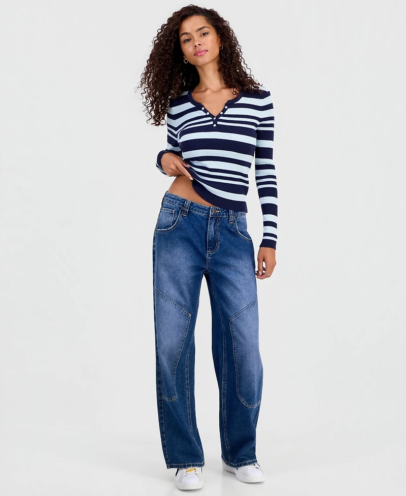 Hooked Up by Iot Juniors' Striped Snap Henley Stripe Sweater