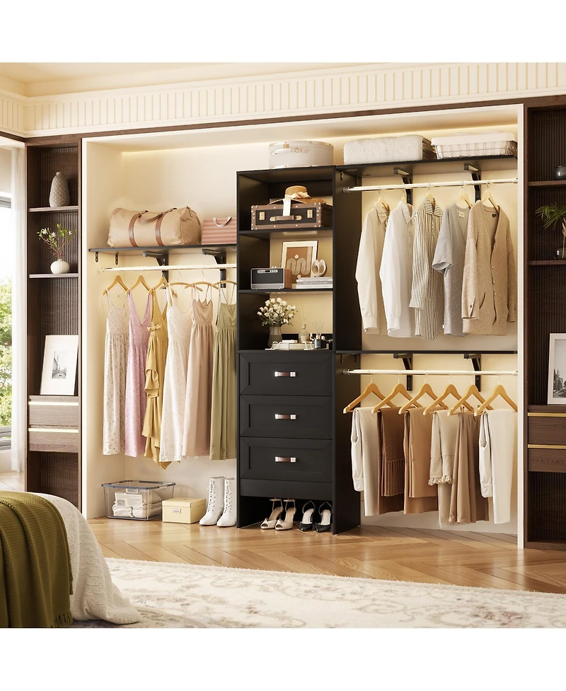 Aheaplus Closet Organizer System with Hanging Rods and Shelves, Wardrobe Drawers