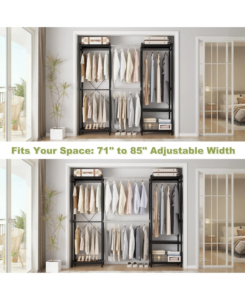 Aheaplus Bamboo Closet System with 5 Hanger Rods and Shelves, Expandable Clothing Rack