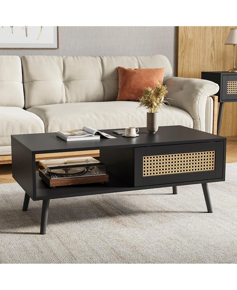 homfan Rattan Coffee Table with Storage, Farmhouse Boho Center Sofa Sliding Door and Open Shelf for Living Room, Bedroom
