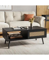 homfan Rattan Coffee Table with Storage, Farmhouse Boho Center Sofa Sliding Door and Open Shelf for Living Room, Bedroom