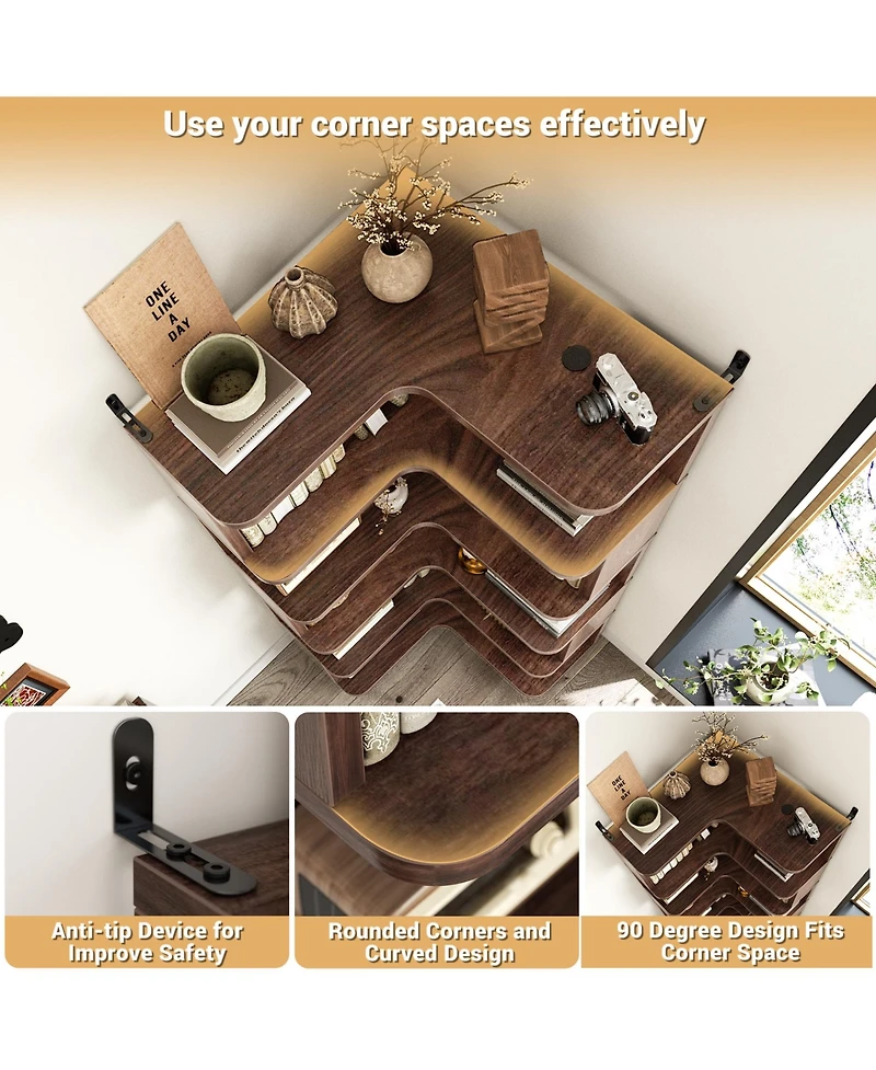 Aheaplus 5-Tier Corner Bookshelf, Space-saving Bookcase Display Storage Shelf
