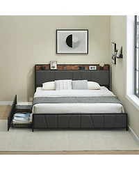 homfan Upholstered Bed Frame with Storage Headboard, Charging Station, 2 Drawers, Metal Slat Support