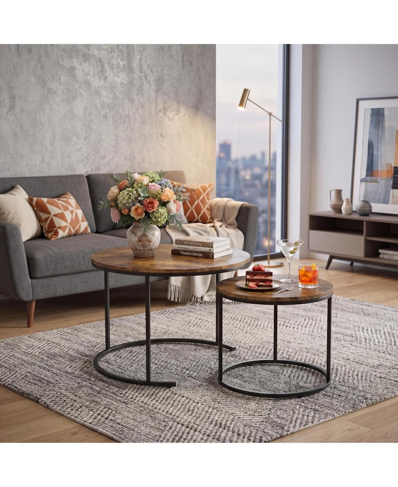 gaomon Round Nesting Coffee Table Set of 2, Round Coffee Table for Living Room, Space Saving Nesting Tables, Metal Frame