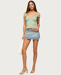 Edikted Women's Shoulder Tie Lacey Sheer Mesh Top