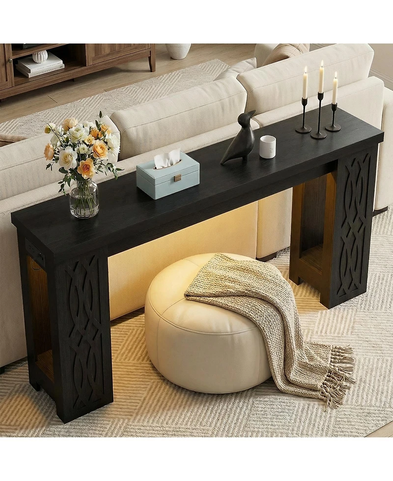 Aheaplus Wooden Console Table Sofa with Charging Station Entryway Led Lights