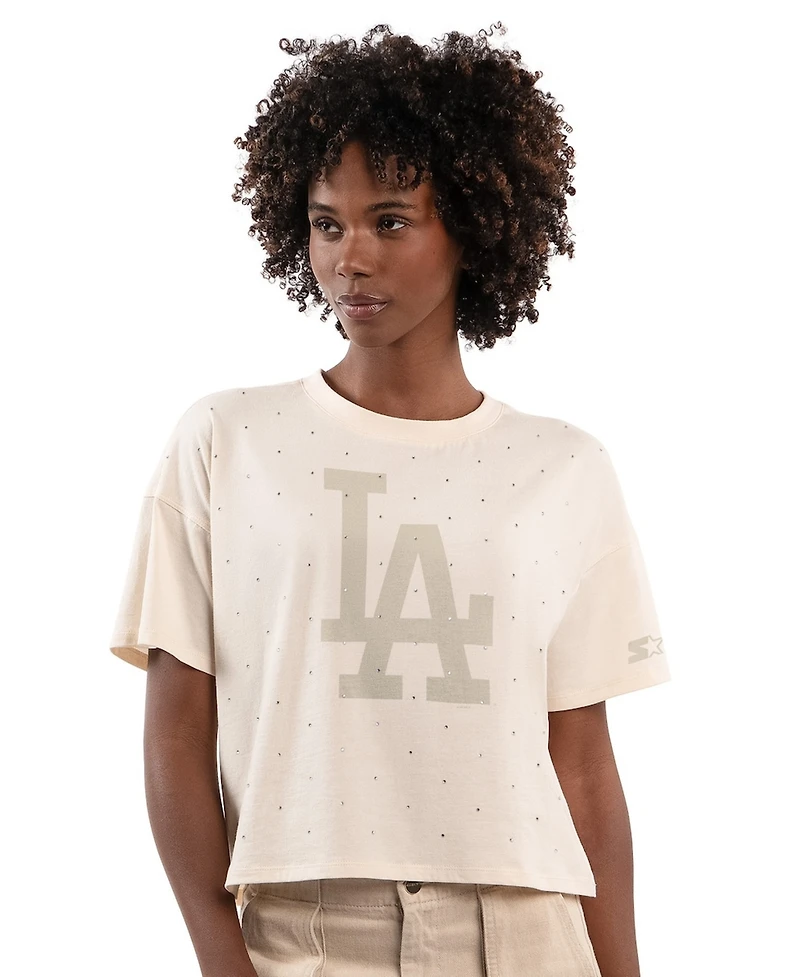 Starter Women's Cream Los Angeles Dodgers Rhinestone Sprinkle Boxy Cropped T-Shirt